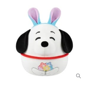Squishmallows White Snoopy Plush with Black Ears and Pastel Bunny Ears